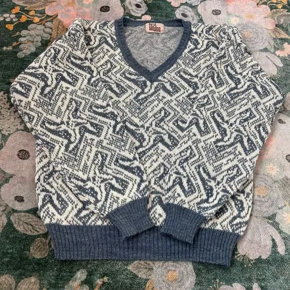 First Landing Sweater Mens Large Blue Abstract Wool V Neck Pullover Knit Vintage - Picture 11 of 12